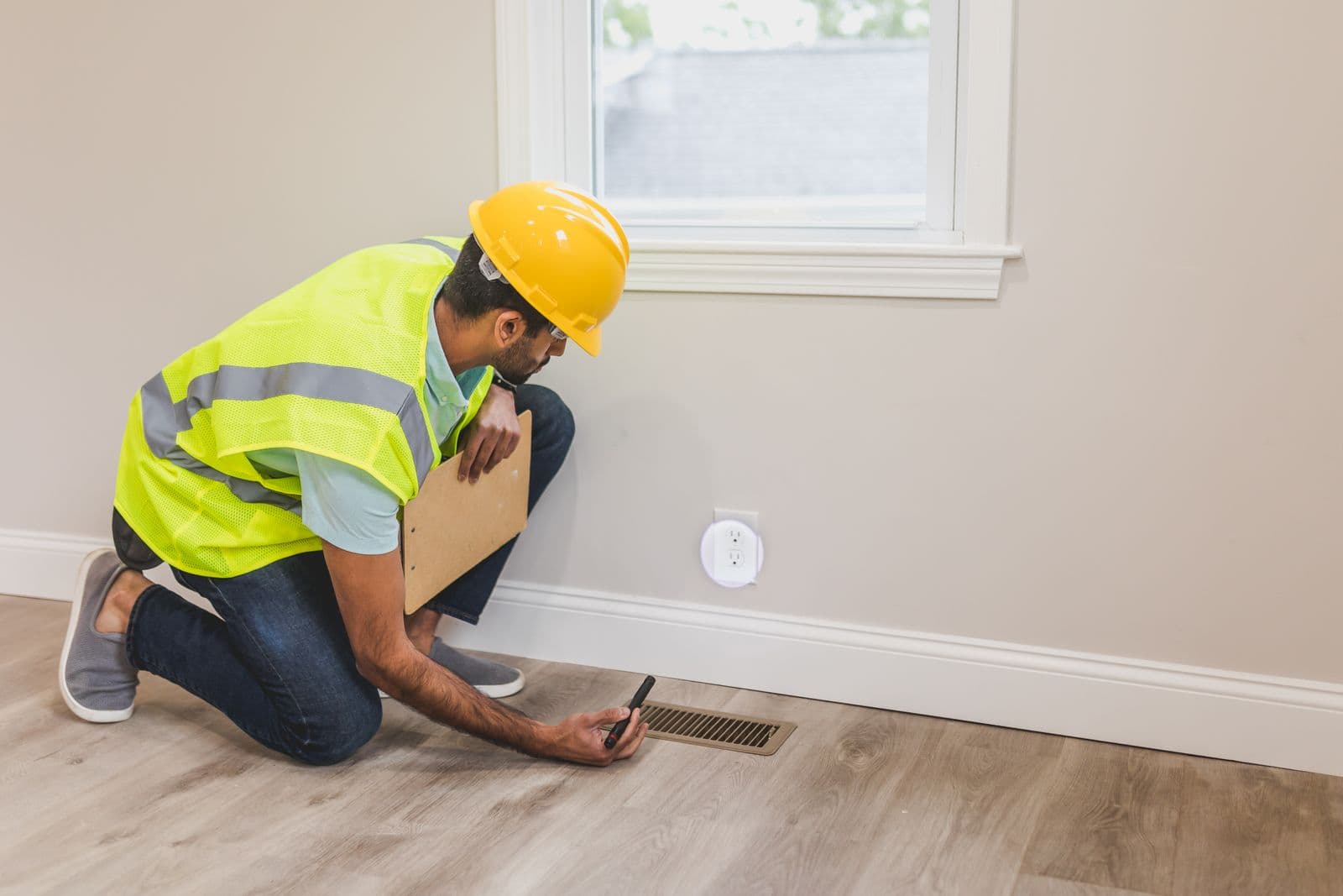 Vakman met helm controleert een vloerrooster in een nieuwe woning