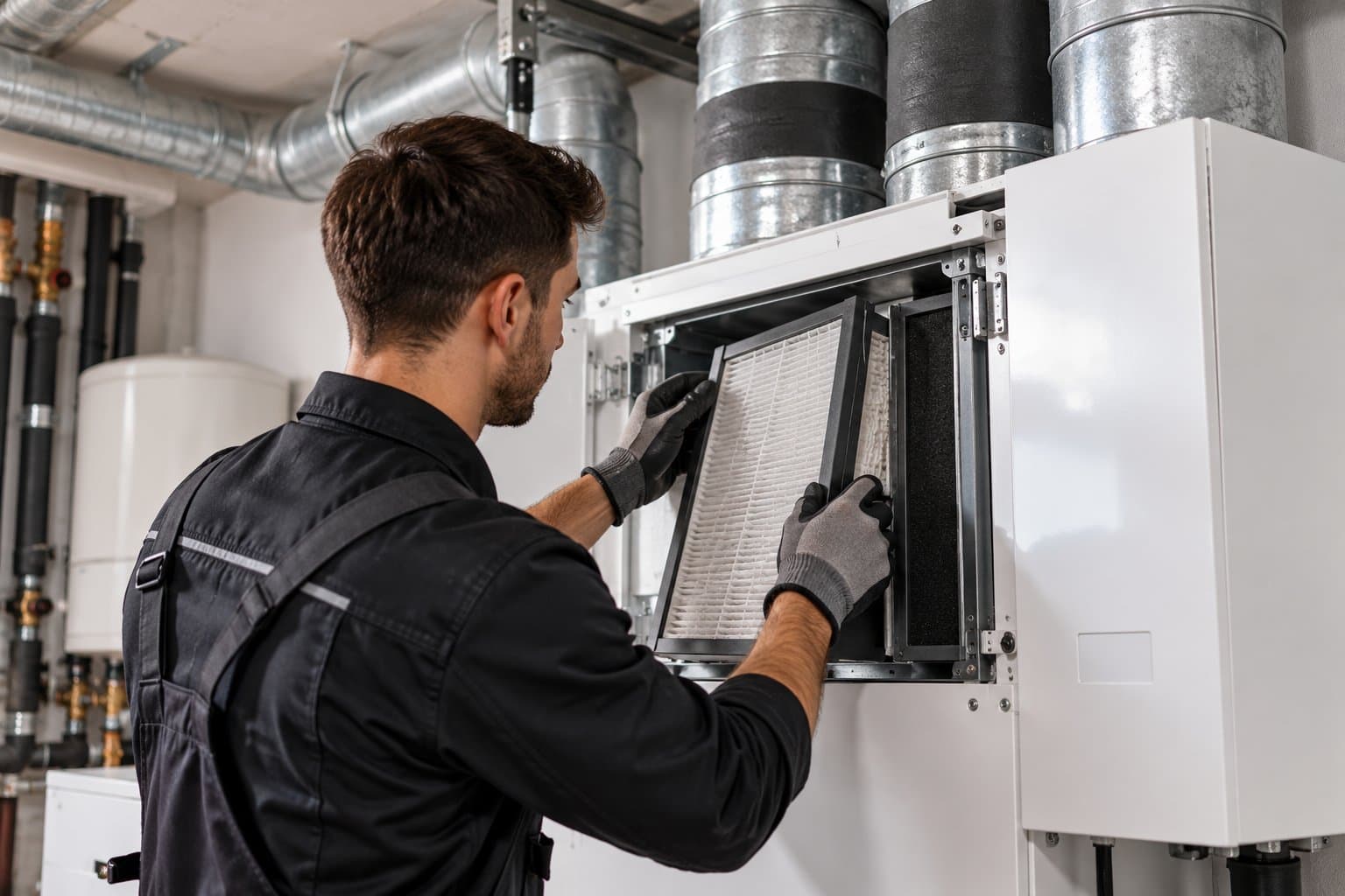 Technicus vervangt de filter van een ventilatie-unit