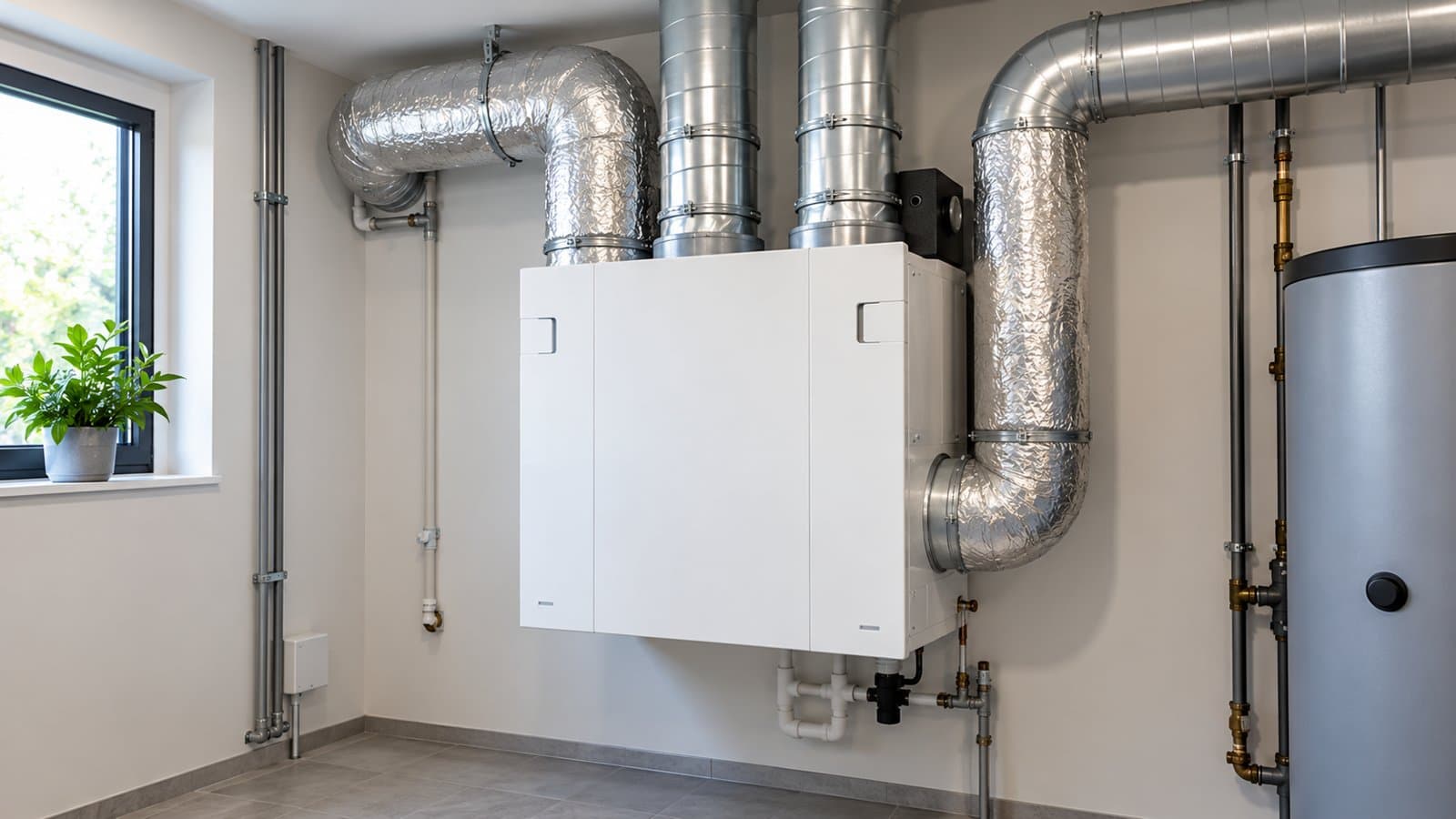Ventilatie-unit met kanalen in een nette technische ruimte